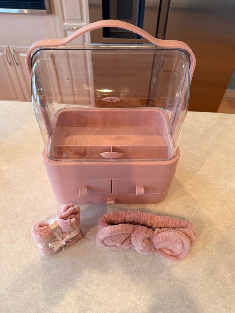 Pink Clear Cosmetic Organizer with Matching Headband Set & towel, NEW